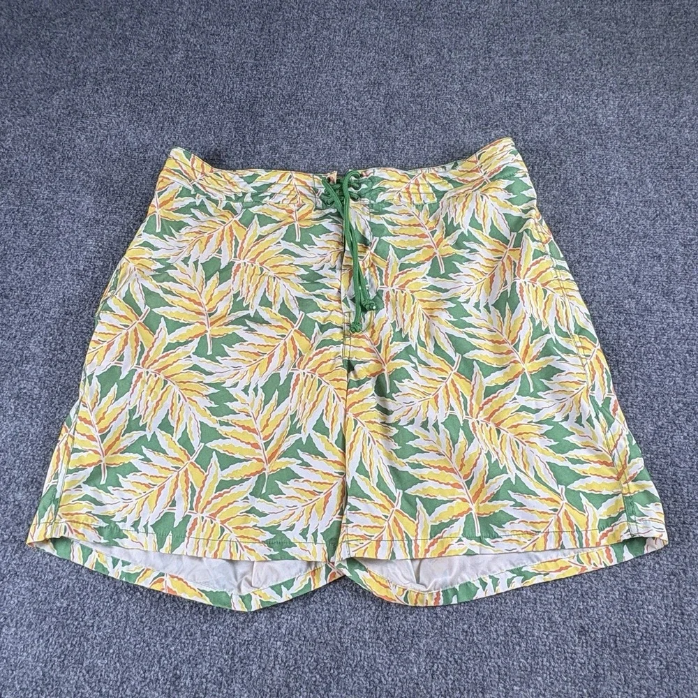J.Crew Board Shorts Men's 36 Green Tropical Leaf Print Swim Trunks Preppy Beach